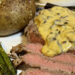 steak dinner with homemade mushroom steak sauce